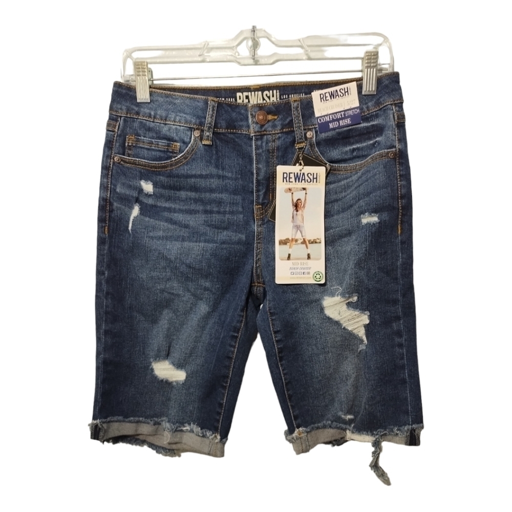 Rewash Midrise Beach Cruiser Comfort Stretch Destructed Dark Wash Shorts Sz 5/27